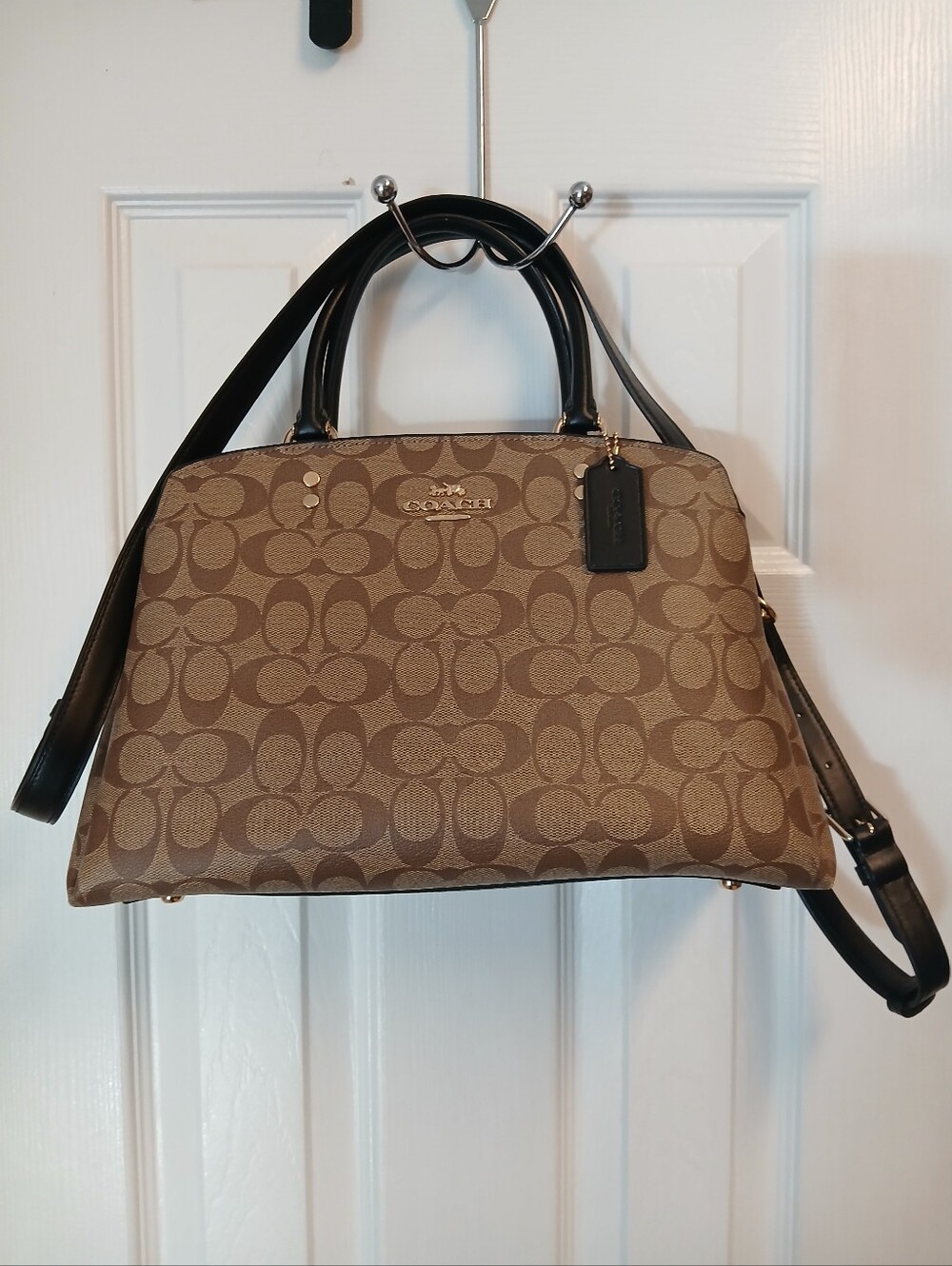 Coach Brown Signature Canvas Shoulder Bag with Black Handles